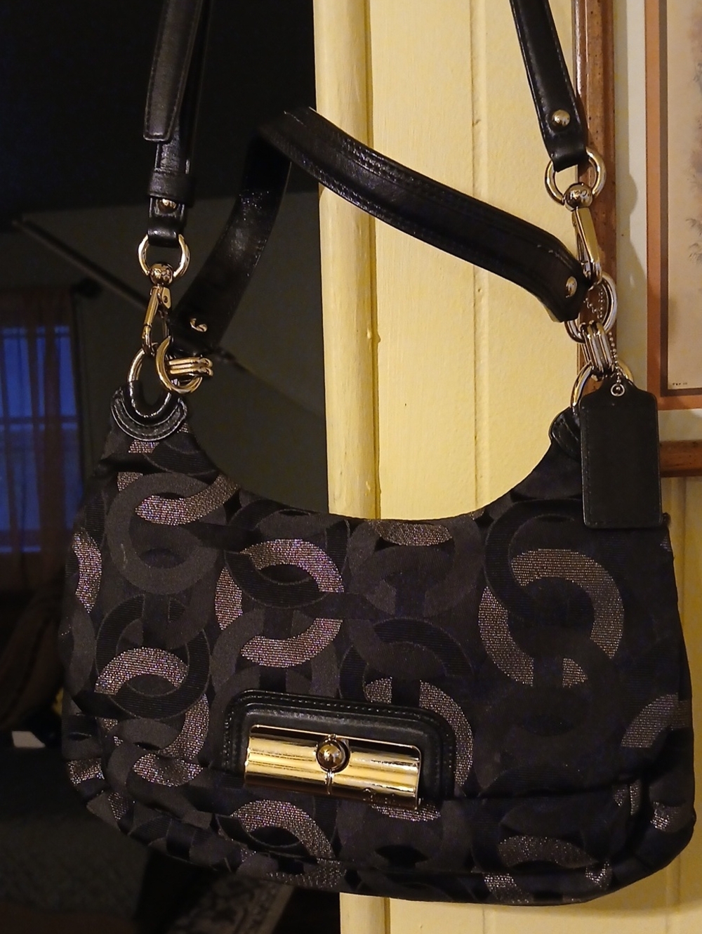 Coach Black Signature Jacquard Shoulder Bag with Gold Hardware
